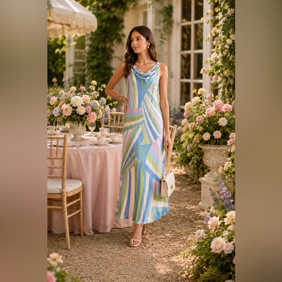 Isaac Mizrahi Dresses & Skirts - Isaac Mizrahi Pastel Geometric Cowl Maxi Dress - Blue, Pink & Green